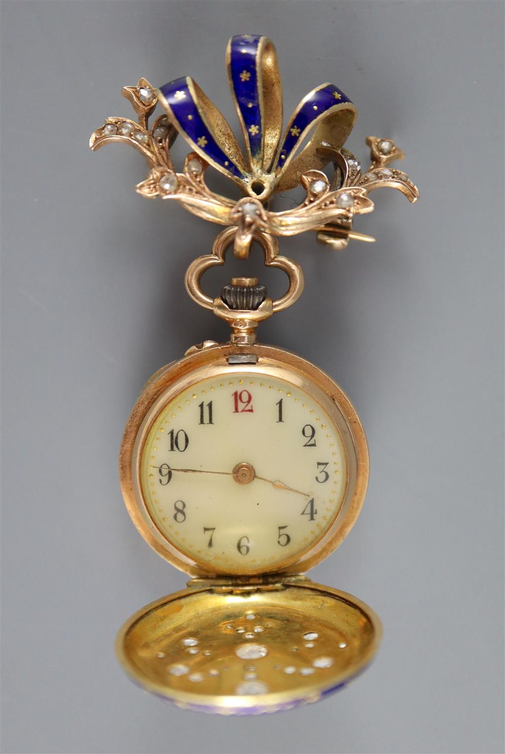 An early to mid 20th century LeCoultre & Co 18k, blue enamel and rose cut diamond set fob watch and similar brooch suspension,